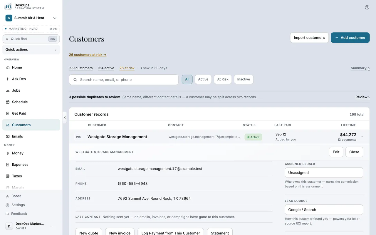 DeskOps — A customer’s record