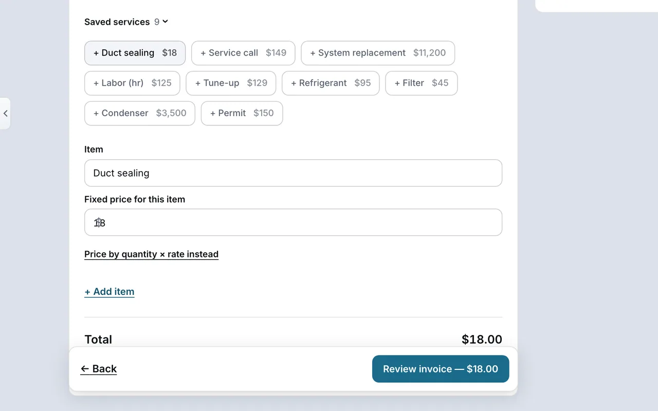 DeskOps — New invoice › Work and price (a saved price taken)