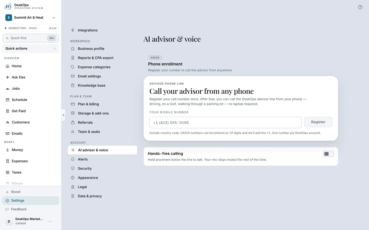 DeskOps — Settings › AI advisor & voice