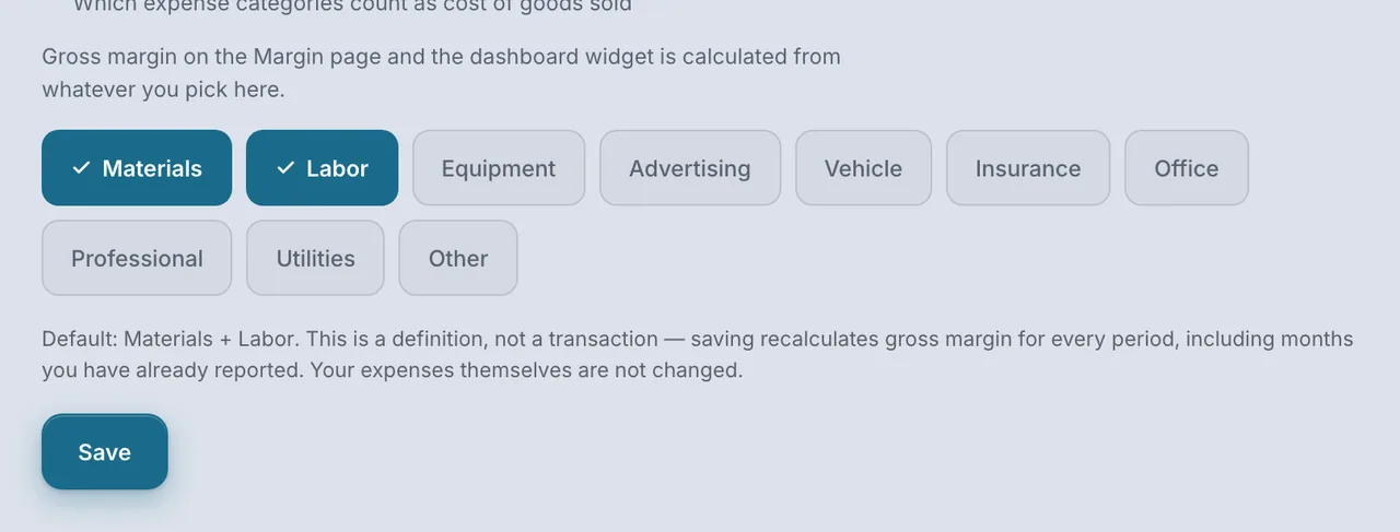 DeskOps — Settings › Expense categories › which count as job costs