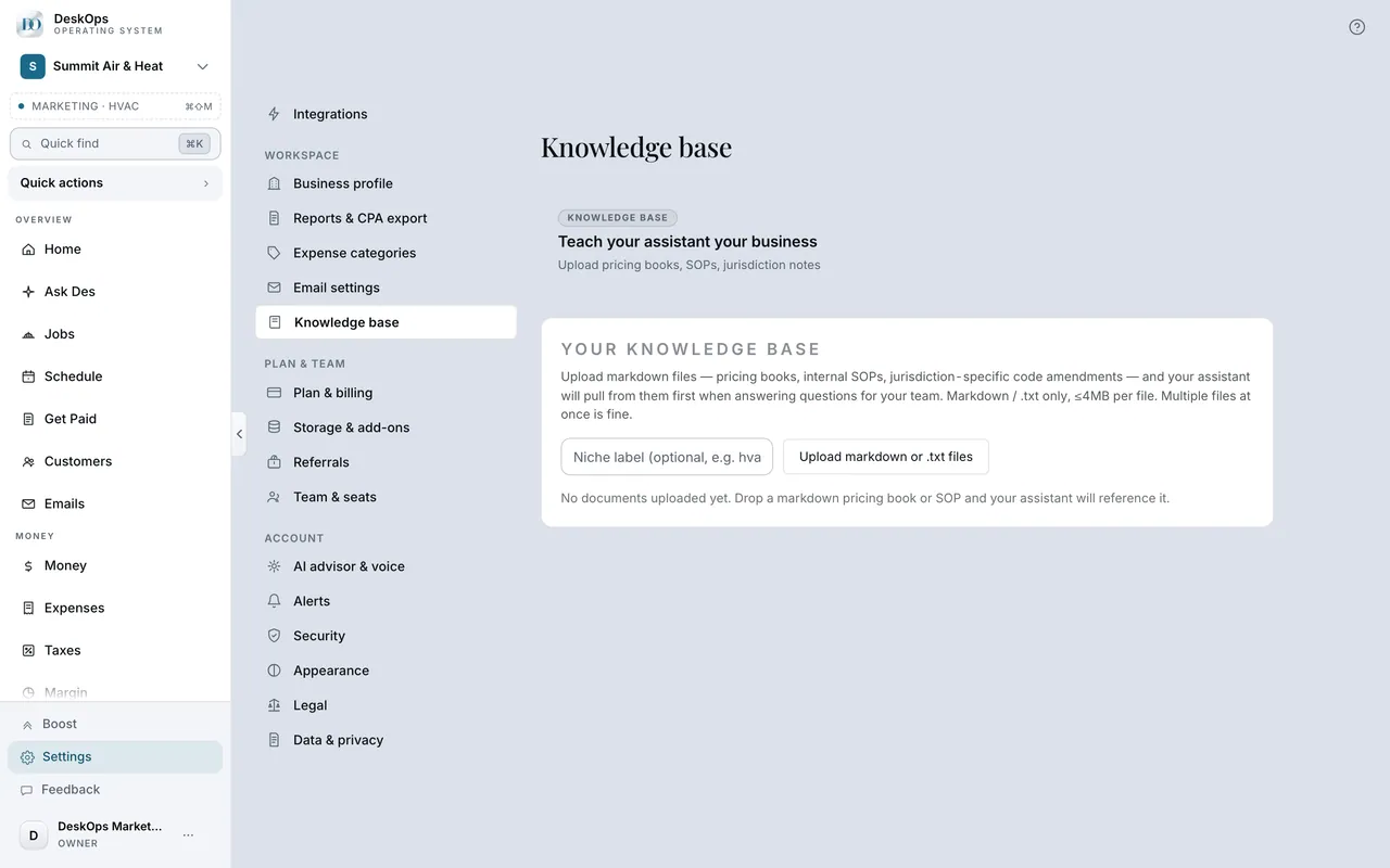 DeskOps — Settings › Knowledge base