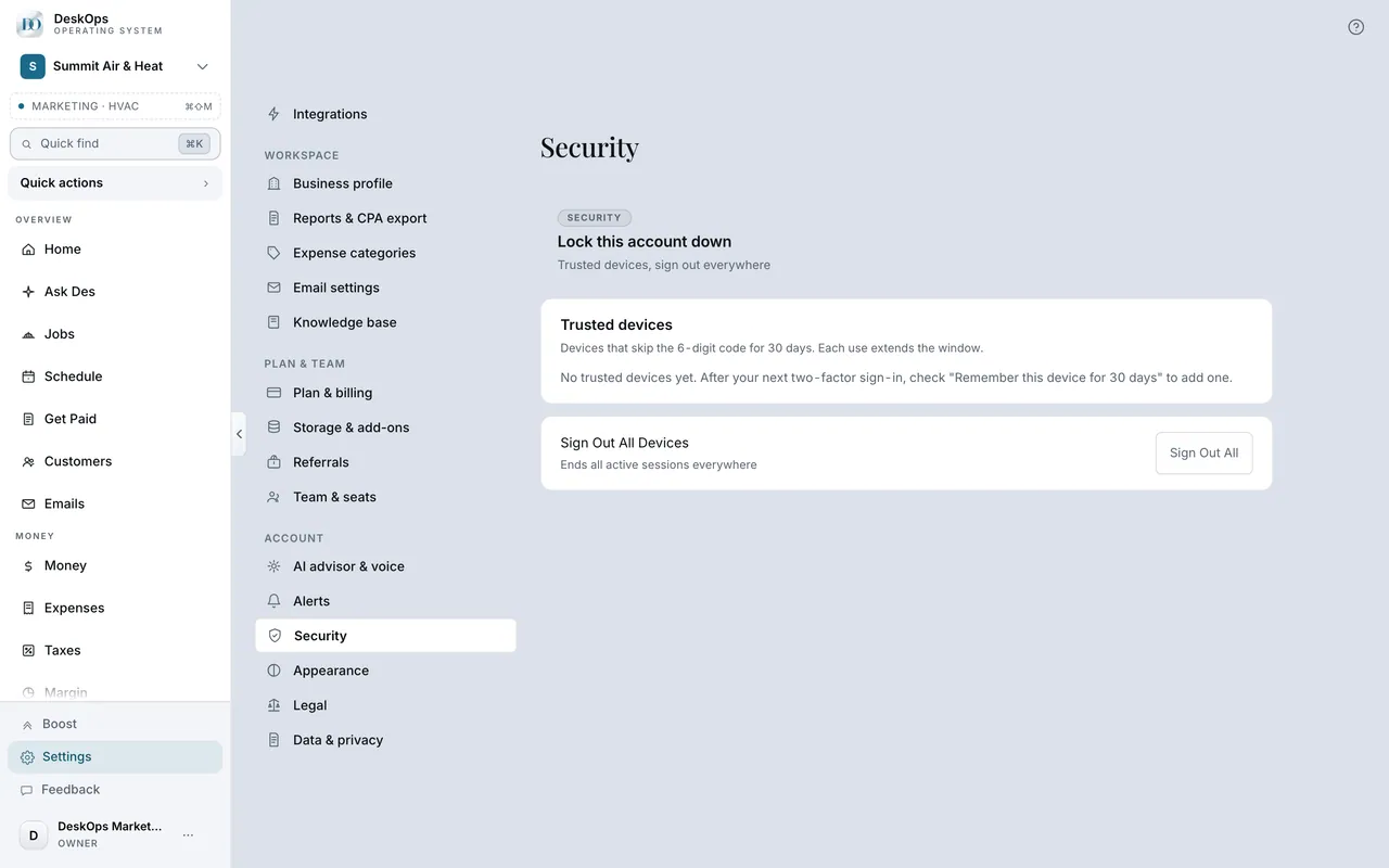 DeskOps — Settings › Security
